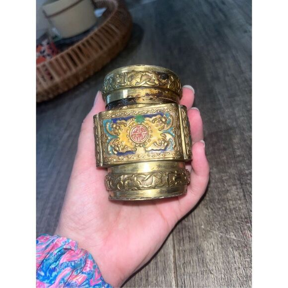 Antique Chinese Brass Tea Jar Caddy Enameled Relief Market Scent Jar - Picture 5 of 8